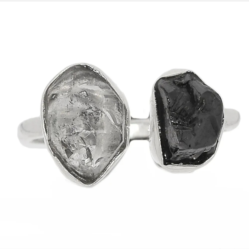 Natural Herkimer Diamond + Shungite Sterling Silver Ring, NWT